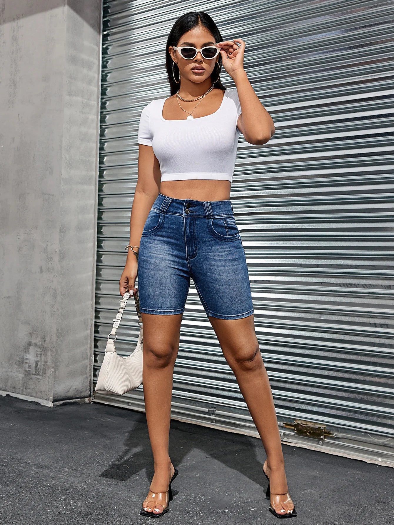 Women's jeans high waist slim fit all-match double button Denim shorts !