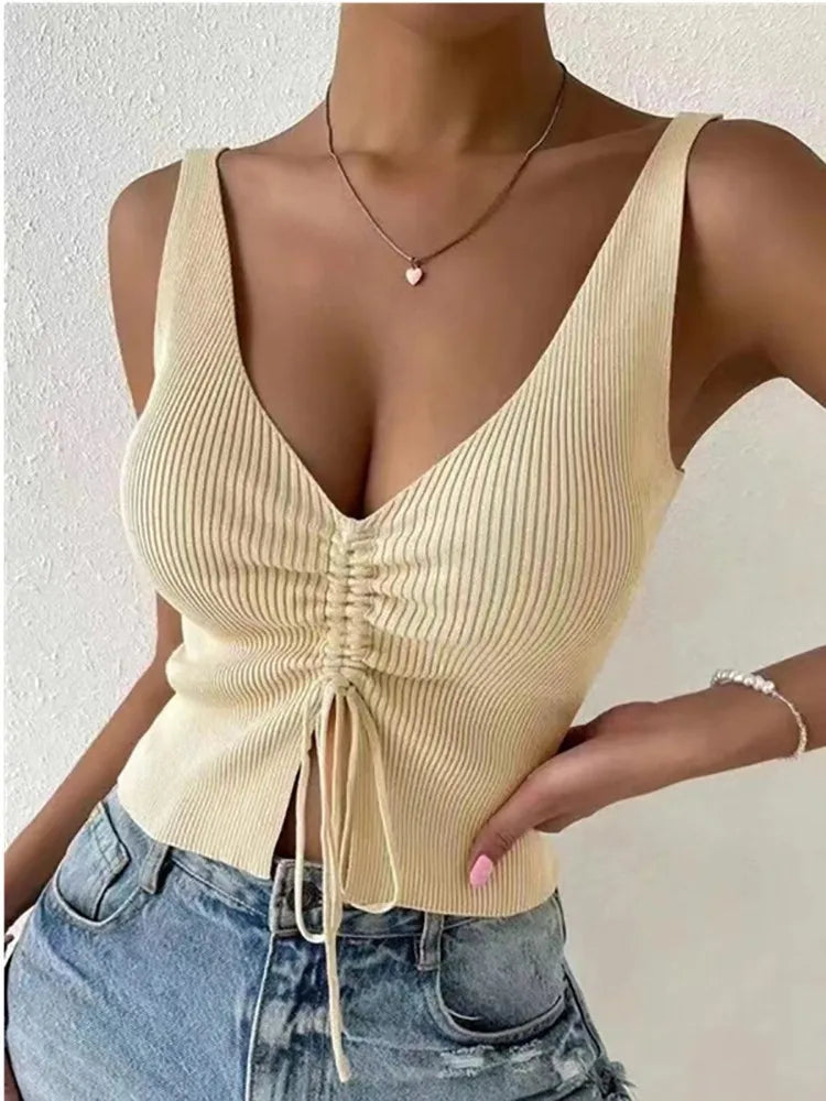 New Summer Women Drawstring Front Ribbed Knit  Femme !