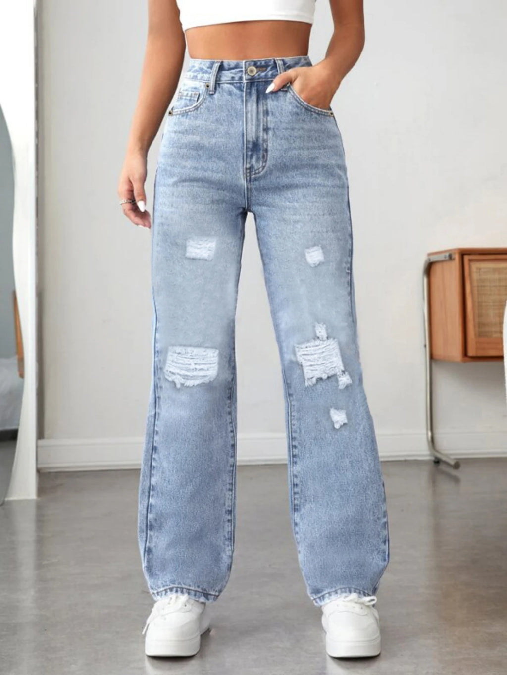Women's pocket-breaking casual Denim wide-leg pants