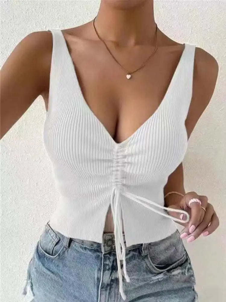New Summer Women Drawstring Front Ribbed Knit  Femme !