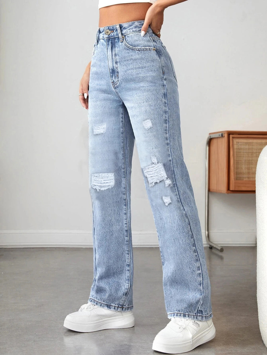 Women's pocket-breaking casual Denim wide-leg pants